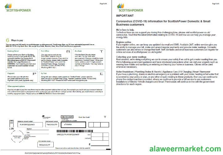 Scotland Scottish Power utility bill template in Word and PDF formats, 6 pages, 5-6 pages